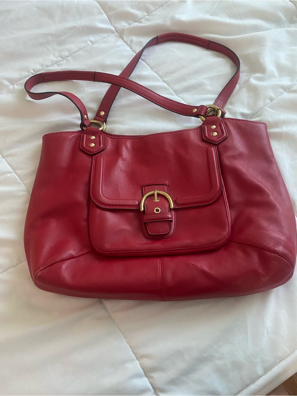 Coach Red Leather Shoulder Tote with Front Buckle Pocket